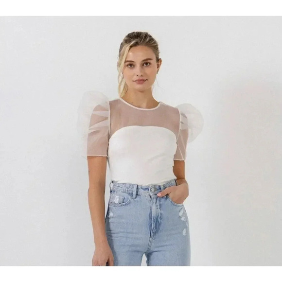 Endless Rose Knit Organza Mixed Media Balloon Sleeve Top Ivory Women's XS NWT - Picture 1 of 13